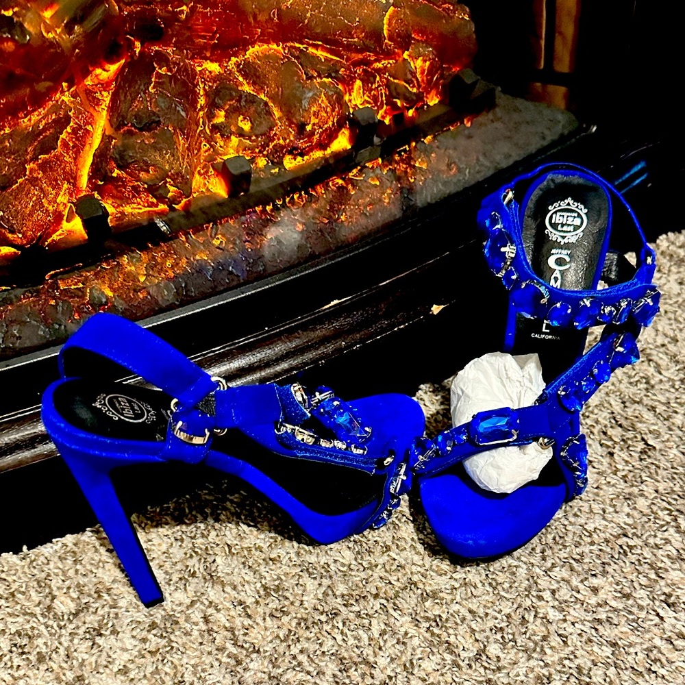 Limited Edition Jeffrey Campbell blue suede and stone sandal.